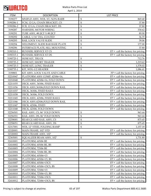 Waltco Parts Price List June 1,2011 FP = Factory Pricing Pricing is ...