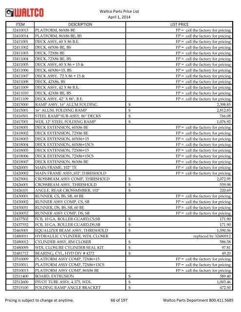 Waltco Parts Price List June 1,2011 FP = Factory Pricing Pricing is ...