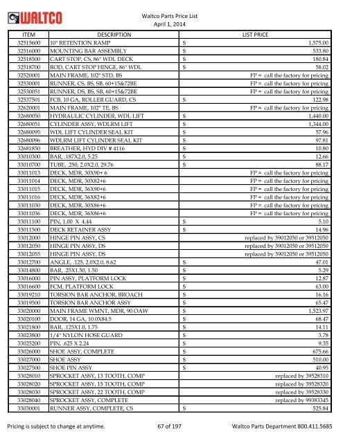 Waltco Parts Price List June 1,2011 FP = Factory Pricing Pricing is ...