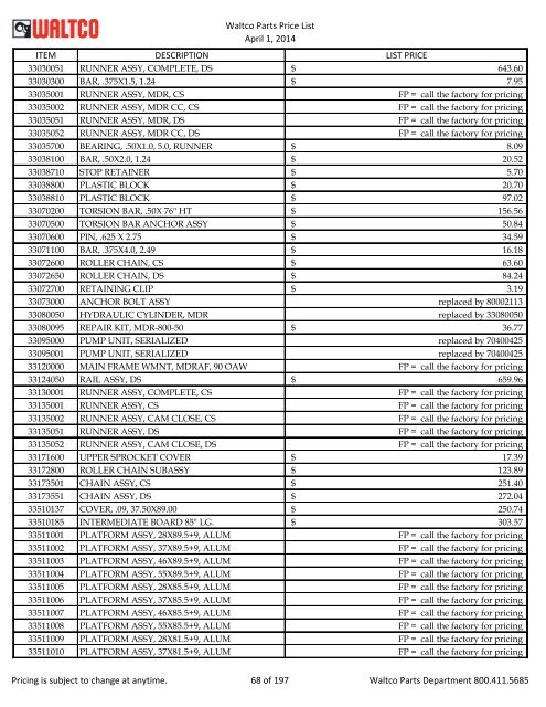 Waltco Parts Price List June 1,2011 FP = Factory Pricing Pricing is ...