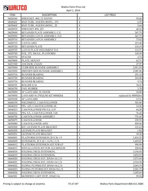 Waltco Parts Price List June 1,2011 FP = Factory Pricing Pricing is ...