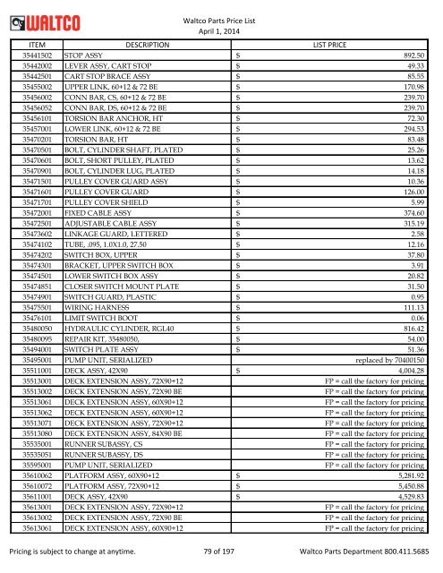 Waltco Parts Price List June 1,2011 FP = Factory Pricing Pricing is ...