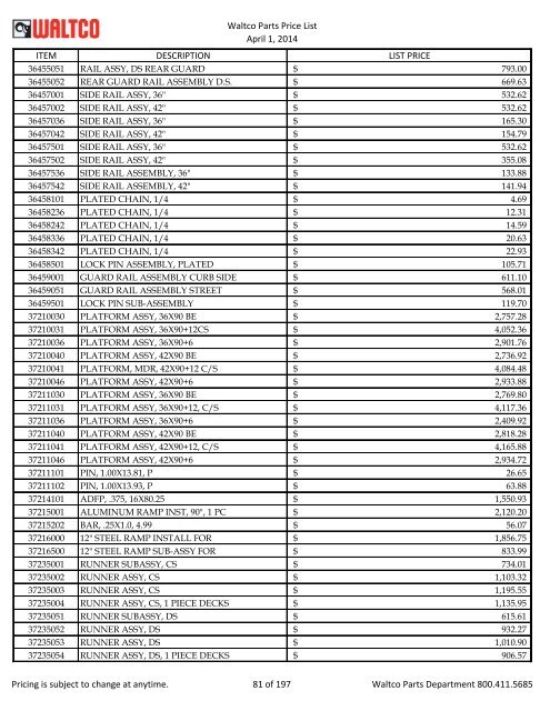 Waltco Parts Price List June 1,2011 FP = Factory Pricing Pricing is ...