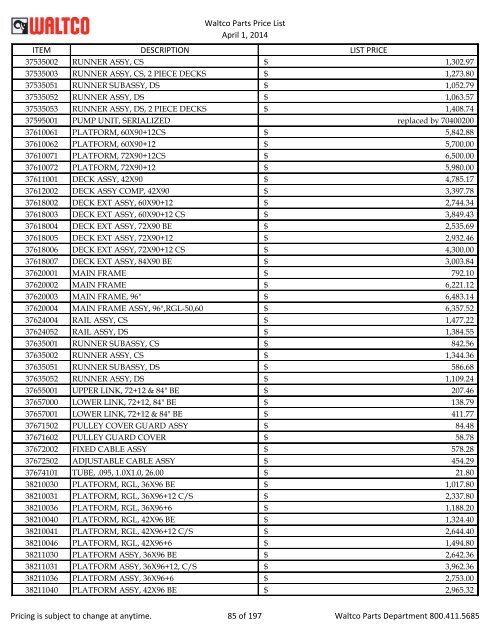 Waltco Parts Price List June 1,2011 FP = Factory Pricing Pricing is ...