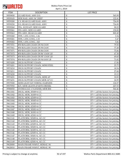 Waltco Parts Price List June 1,2011 FP = Factory Pricing Pricing is ...