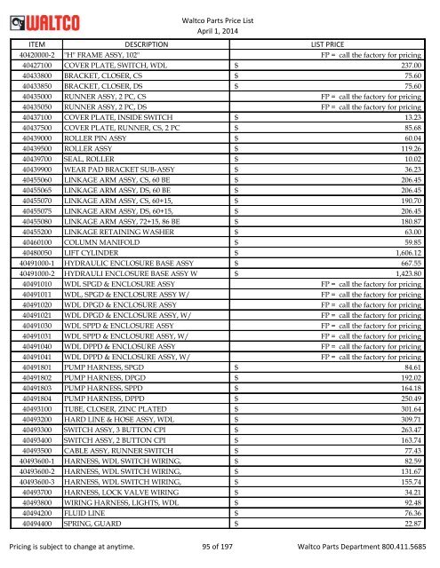 Waltco Parts Price List June 1,2011 FP = Factory Pricing Pricing is ...