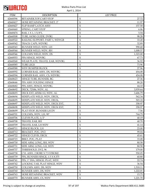 Waltco Parts Price List June 1,2011 FP = Factory Pricing Pricing is ...