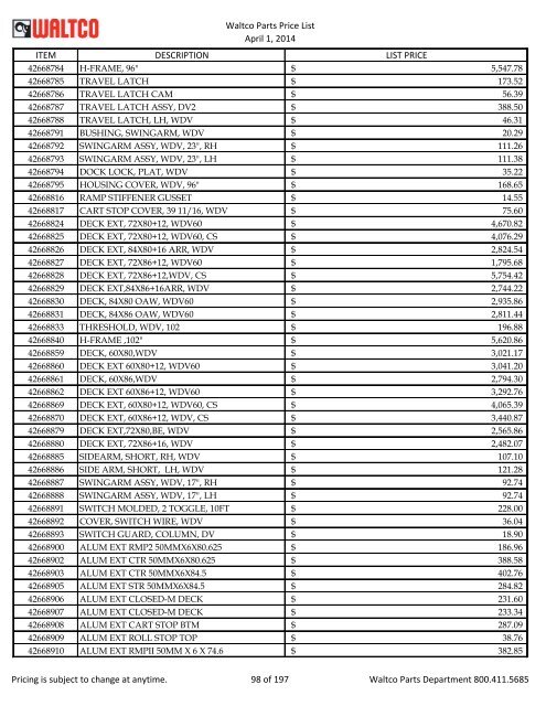 Waltco Parts Price List June 1,2011 FP = Factory Pricing Pricing is ...