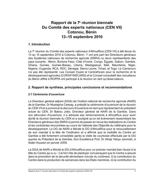 Rapport de la 7Ã¨me rÃ©union biennale du CEN ... - Africa Rice Center