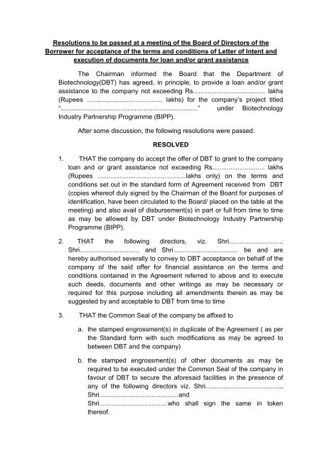 Board Resolution - Department of Biotechnology