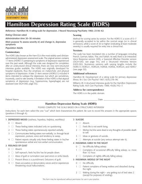 Hamilton Depression Rating Scale (HDRS) ASSESSMENT TOOLS