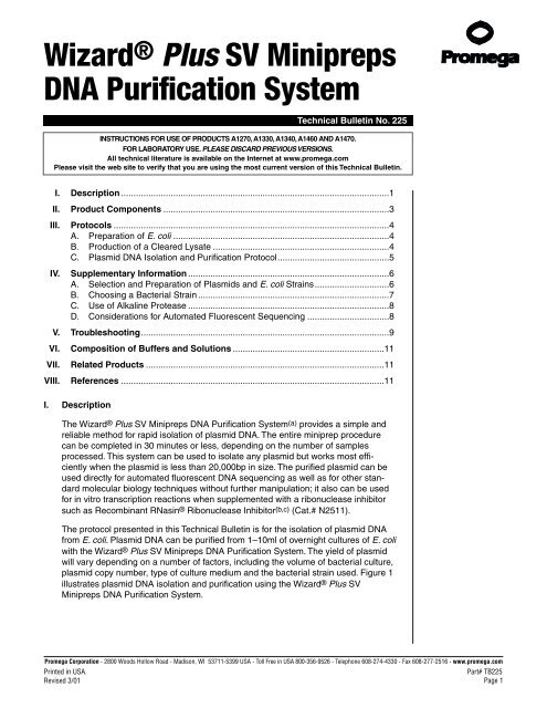 WizardÂ® Plus SV Minipreps DNA Purification System Technical ...