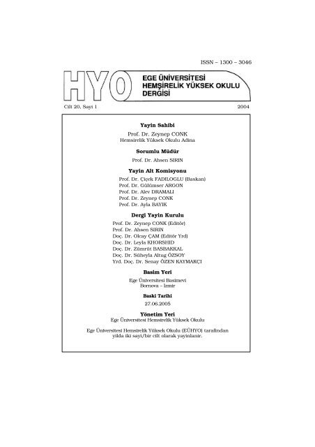 E.Ü. HYO Dergisi Cilt 20 - Sayı 1 - 2004 - Ege Üniversitesi