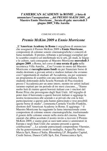Premio McKim 2009 a Ennio Morricone _L'American ... - Sgp Italia