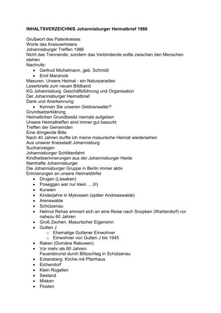 INHALTSVERZEICHNIS Johannisburger Heimatbrief 1986 Grußwort ...