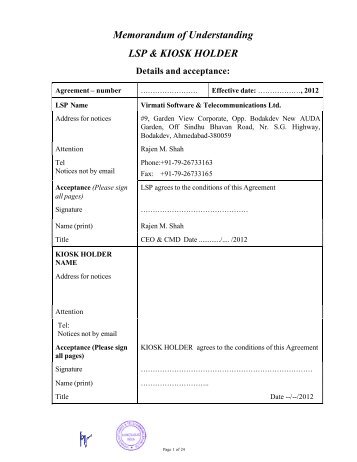 Memorandum of Understanding LSP & KIOSK HOLDER - csc - e-Mitra