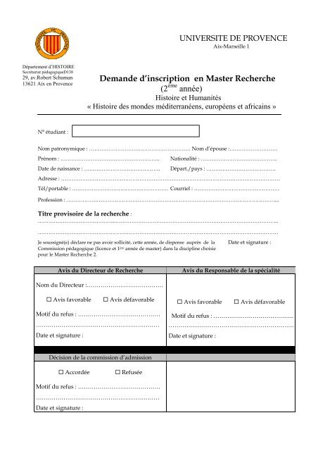 Demande d'Inscription MASTER 2 R. Imprimé 2007.2008