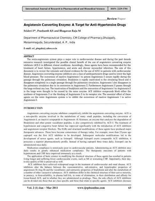 Angiotensin Converting Enzyme: A Target for Anti-Hypertensive Drugs