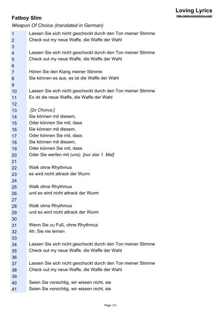 Fatboy Slim Weapon Of Choice German Loving Lyrics