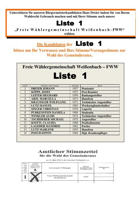 Liste 1 - Gemeinde WeiÃenbach am Lech