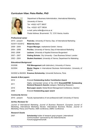 Curriculum Vitae: Petra Riefler, PhD - Chair of International Marketing