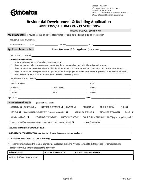 Residential Construction Application Form - City of Edmonton