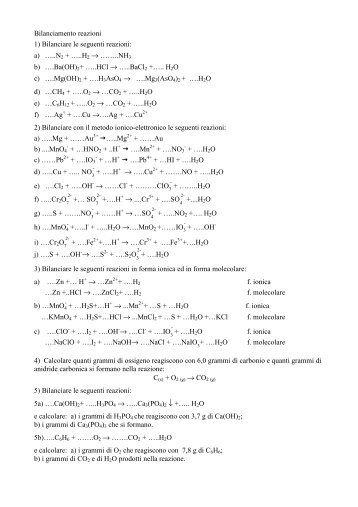 Bilanciamento reazioni 1) Bilanciare le seguenti reazioni: a) â¦..N 2 ...