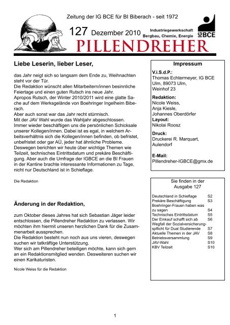 Pillendreher Ausgabe 127 Dezember 2010 - IGBCE Biberach