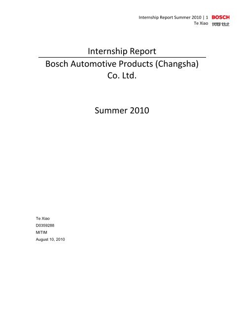Internship Report Bosch Automotive Products Changsha Co Ltd