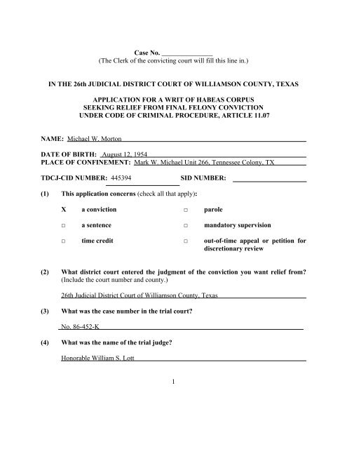 The writ of habeas corpus cover form - The Innocence Project