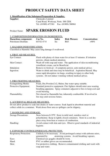 PRODUCT SAFETY DATA SHEET SPARK EROSION FLUID