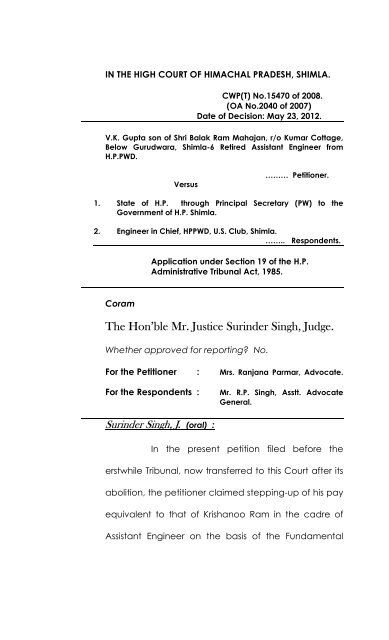 The Hon'ble Mr. Justice Surinder Singh, Judge. - High Court of ...