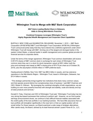 Wilmington Trust to Merge with M&T Bank Corporation