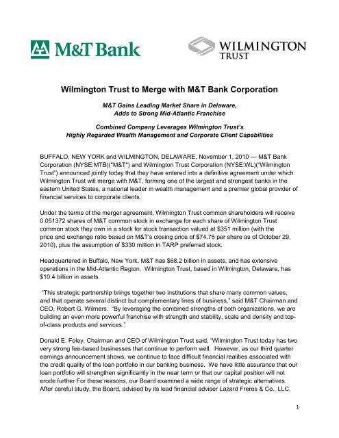 Wilmington Trust to Merge with M&T Bank Corporation