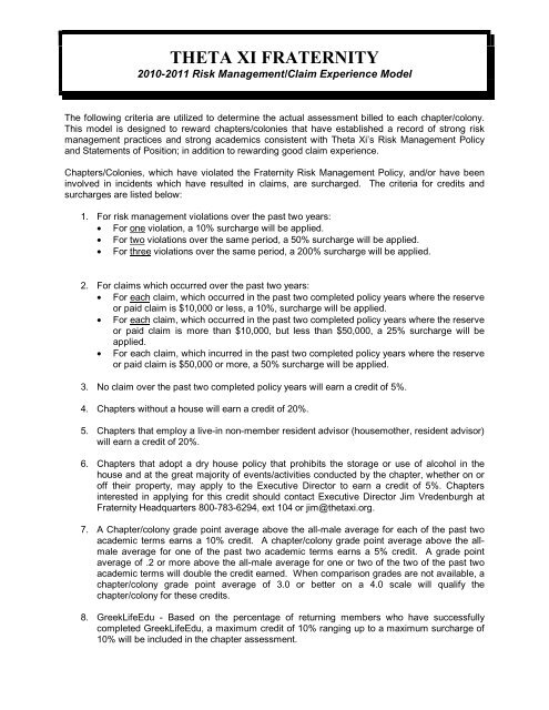 Chapter Fees and Payment Plans - 2010-2011 - Theta Xi Fraternity