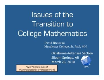 Issues of the Transition to College Mathematics - Macalester College