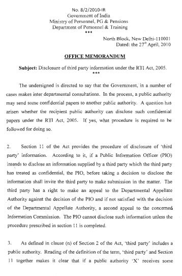 Disclosure of third party information under the RTI Act, 2005.