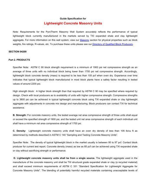 Suggested Specification for Lightweight Concrete Masonry Units