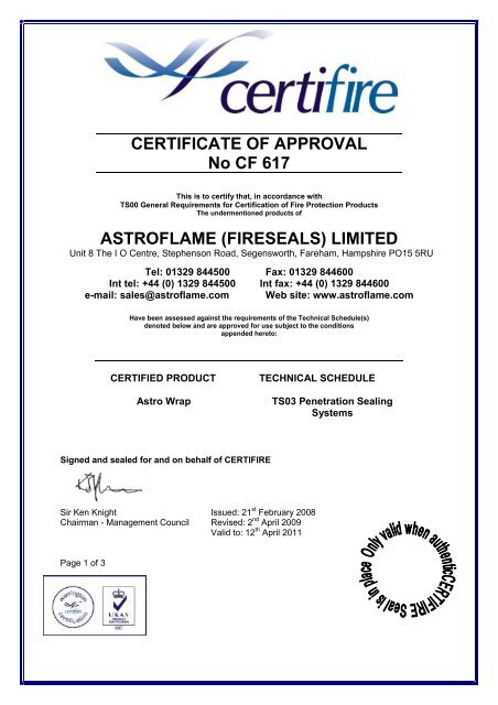 CERTIFICATE OF APPROVAL No CF 617 ASTROFLAME ... - Safelincs