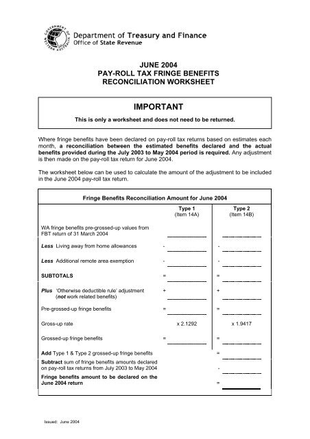 Fringe Benefits Reconciliation Worksheet