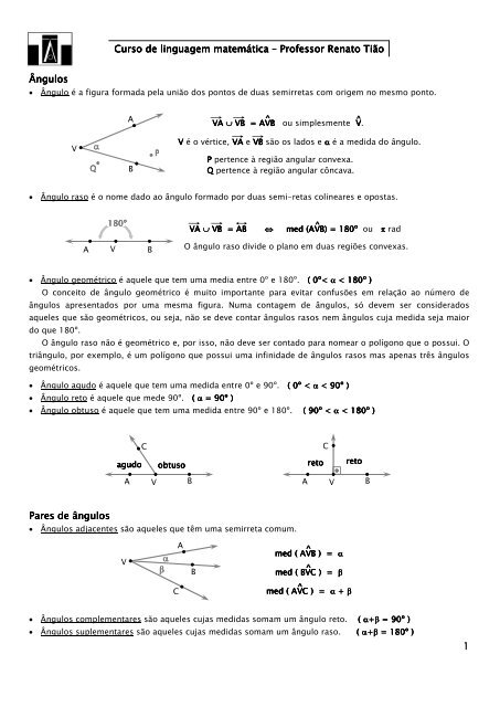 Ângulos complementares/opostos/retos