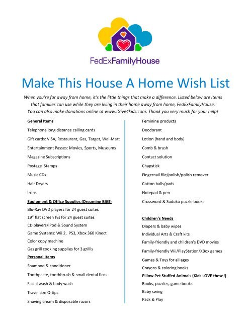 Make This House A Home Wish List - Le Bonheur Children's Hospital