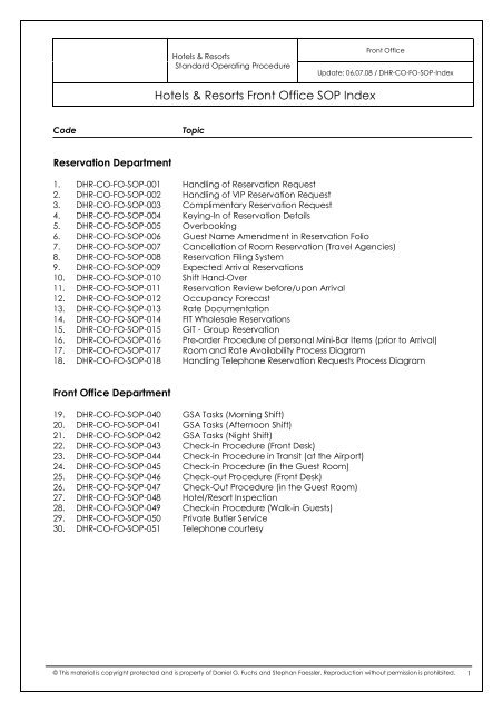 Hotels Resorts Front Office Sop Index Dr Daniel G Fuchs