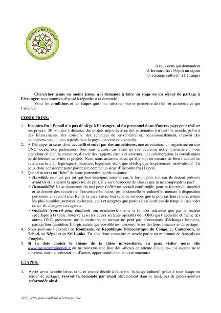 Lettre d'invitation pour un stage Ã  l'Ã©tranger(file pdf) - Incontro fra i ...