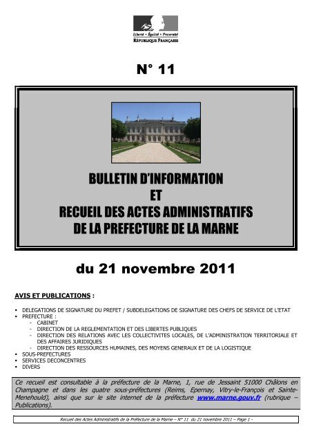 Recueil 11-2011 du 21 novembre (p1 Ã  80) - PrÃ©fecture de la Marne