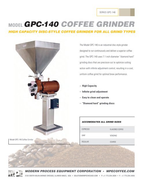 MODEL GPC-140 COFFEE GRINDER - Modern Process Equipment