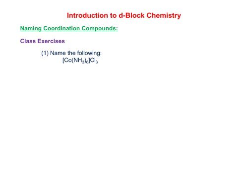 Introduction to d-Block Chemistry - Wits Structural Chemistry