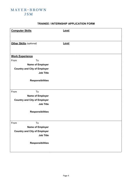 TRAINEE / INTERNSHIP APPLICATION FORM ... - Mayer Brown