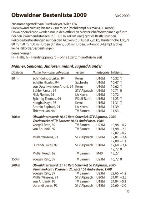 Leichtathletik Jahrbuch 2009 - TV Sarnen