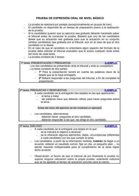 PROTOCOLO PARA LA PRUEBA ORAL DE NIVEL BÁSICO